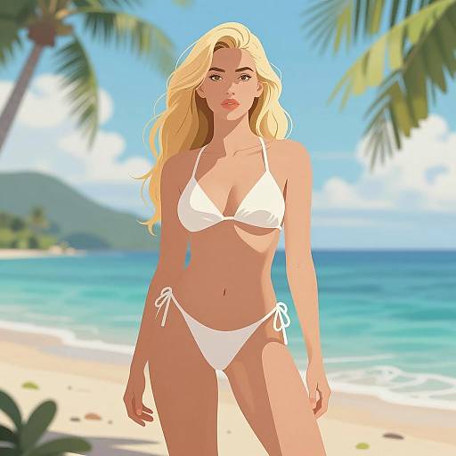 Blonde Woman in White Bikini on Tropical Beach