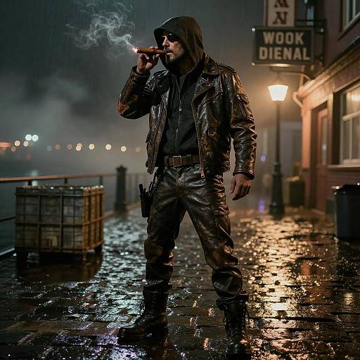 Photograph of a hooded man in a wet, dark leather jacket, smoking, standing on a rain-soaked, neon-lit street at night