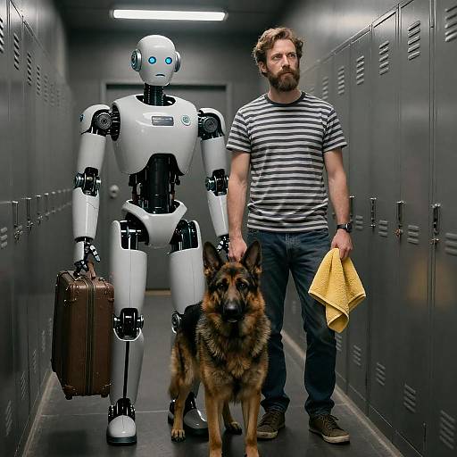 Bearded Man and Robot in Corridor