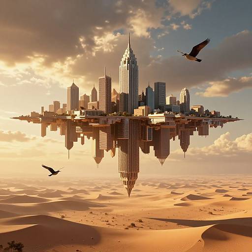 Digital art: Futuristic cityscape with towering skyscrapers floating above a desert landscape, bathed in golden sunlight. Two birds fly nearby.