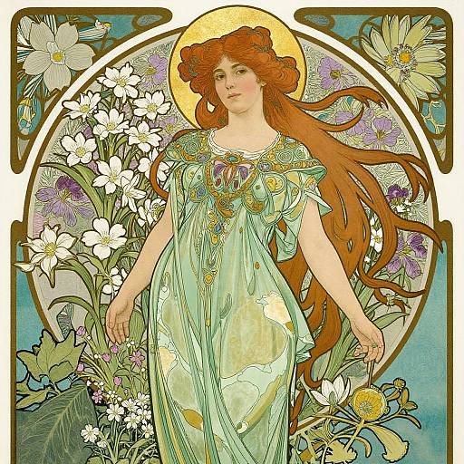 Art Nouveau-style digital illustration: Pale-skinned woman with long red hair, wearing a flowing green dress adorned with floral patterns, stands amid vibrant flowers