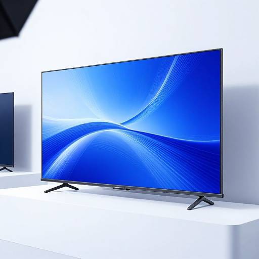 Photograph of a sleek, modern flat-screen TV with a vibrant blue wavy pattern on the screen, standing on a black metal stand, in a