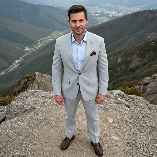 Photograph of a handsome man in a light gray suit, white shirt, and brown shoes, standing on a rocky mountain peak with a scenic valley and