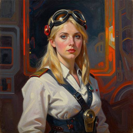 Digital painting of a blonde woman with blue eyes, wearing aviator goggles, a white shirt, and black harness in a futuristic, neon-lit background