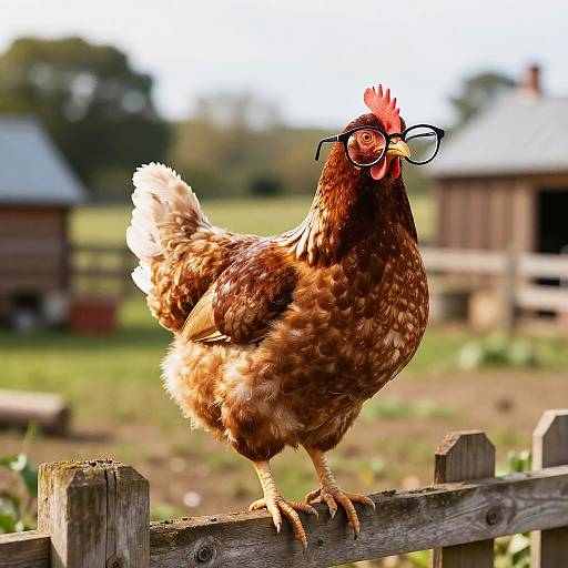 Photograph of a brown and white chicken with black-rimmed glasses standing on a wooden fence in a sunlit farmyard.