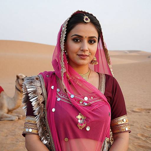 Photograph of an Indian woman in a pink and black traditional outfit with gold jewelry, veil, and intricate embroidery, standing in a desert with a camel