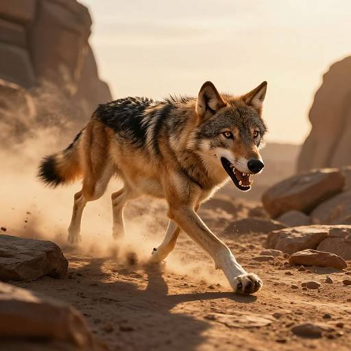 Photograph of a fierce, tan and black wild coyote mid-stride through a dusty, rocky desert canyon at sunset, mouth open, showing sharp
