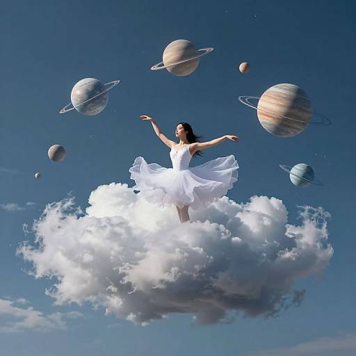 A woman in a white, flowing dress stands on a fluffy cloud, surrounded by floating planets against a bright blue sky.