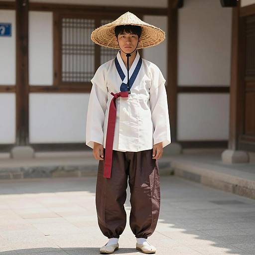 Young Man in Traditional Korean Costume with Straw Hat