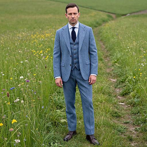 Photograph of a serious-looking man in a blue checkered suit, white shirt, and black tie, standing in a lush, wildflower-filled me