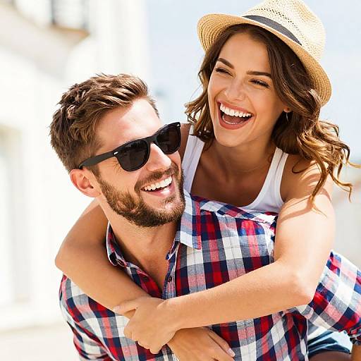 Photograph of a smiling, brown-haired woman in a straw hat and white tank top, hugging a bearded man in sunglasses and a plaid