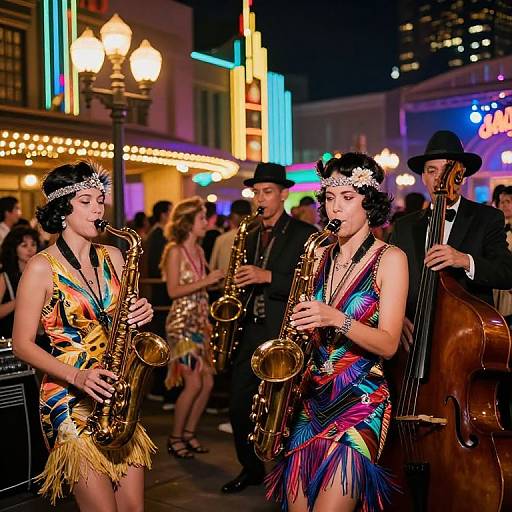 Photograph of two women in vibrant, feathered dresses and headpieces playing saxophones, surrounded by a jazz band in a lively, neon-l