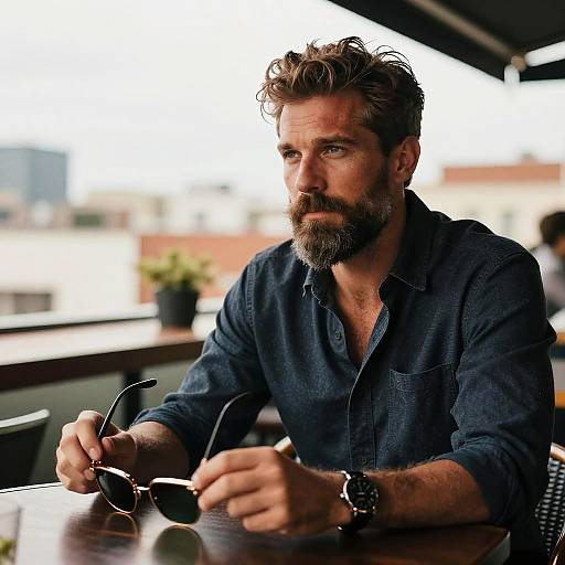 Stylish Man with Beard at Rooftop Bar