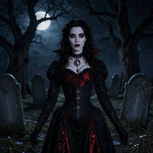 Gothic vampire woman in black corset with red lining, pale skin, dark curly hair, moonlit graveyard, tombstones, eerie blue night