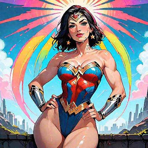 Stylized Wonder Woman in Colorful Skyline