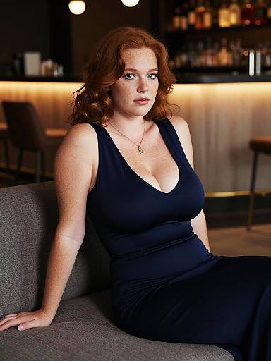 Photograph of a red-haired woman with fair skin, wearing a black low-cut dress, sitting on a gray couch in a dimly lit bar with