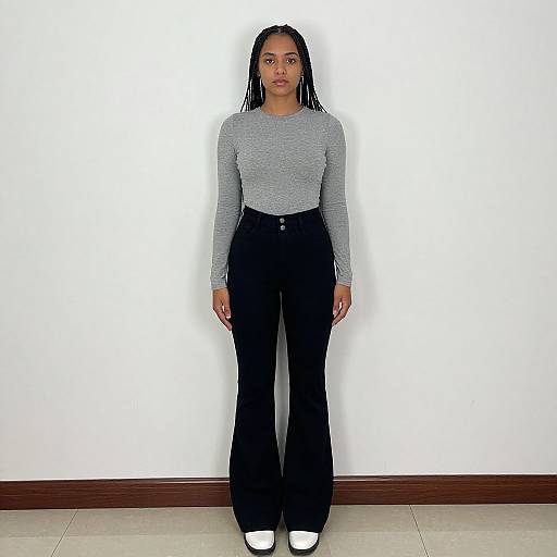 Photograph of a young Black woman with long braids, wearing a gray long-sleeve top and high-waisted black pants, standing against