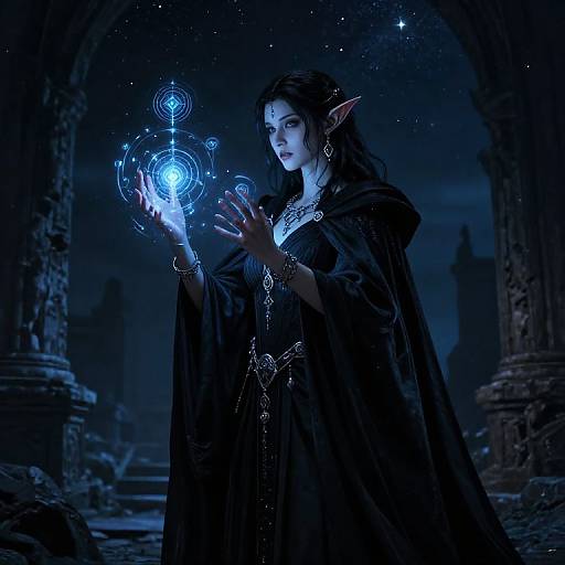 Digital fantasy artwork of an elven sorceress with pointed ears, dark blue cloak, glowing magical blue circles, and starry night background.