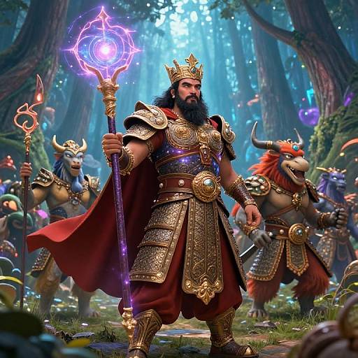 Digital fantasy artwork: Bearded king in ornate golden armor and red cape, holding glowing purple staff, surrounded by horned, armored warriors in enchanted