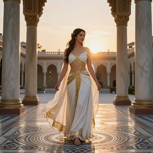 Photograph of a fair-skinned woman with long dark hair in a white and gold ancient Greek-style gown, walking through a sunlit, marble-column