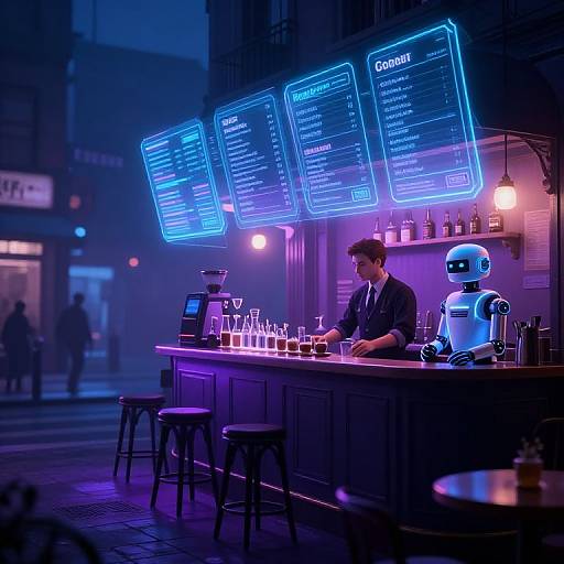 Neon-lit cyber café with a human bartender and a robotic barista, illuminated menu screens, and purple ambient lighting. Digital art style.