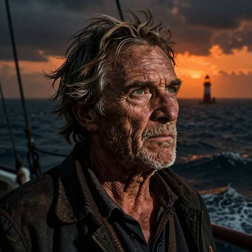 Photograph of a rugged, weathered older man with gray hair and beard, gazing at an orange sunset over a dark ocean, wearing a dark