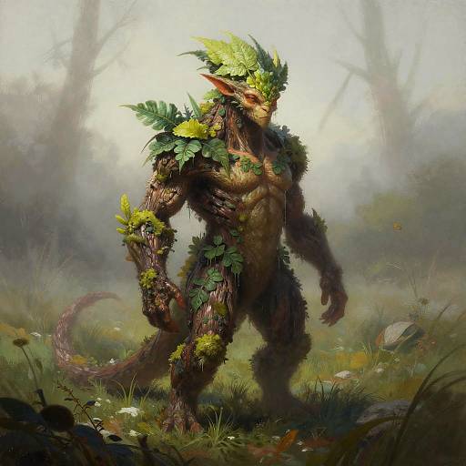 Plant-Based Fantasy Creature in Foggy Marshlands