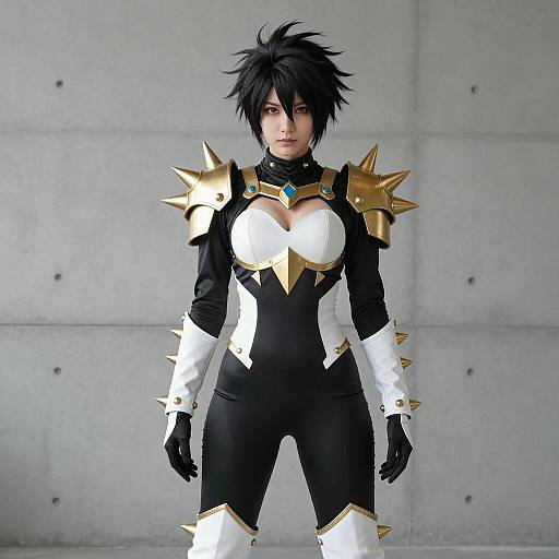 Female Cosplayer in Black and Gold Spiked Armor Costume