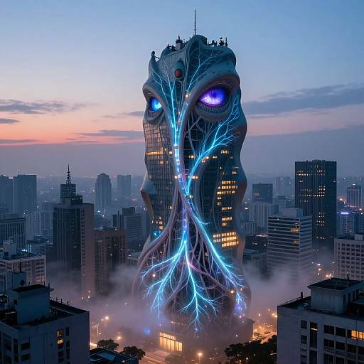 Photograph of futuristic skyscraper with glowing blue eyes and neon 