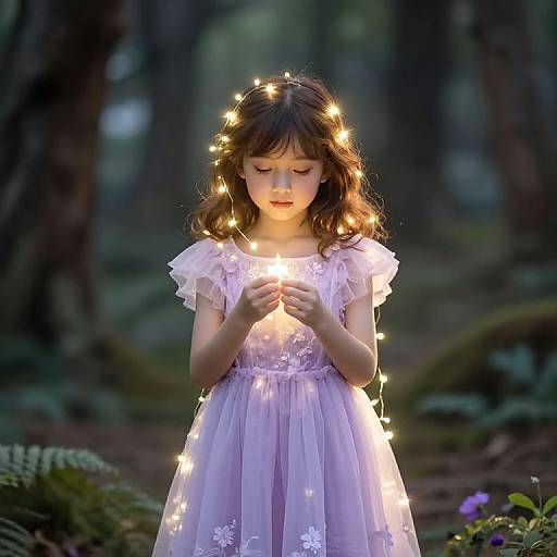 Photograph of a young girl with brown hair, wearing a lavender dress, holding glowing fairy lights, surrounded by a forest.
