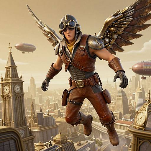 Steampunk angel with brown leather gear, goggles, and metallic wings flies over a sunlit, futuristic cityscape with airships and clock towers.