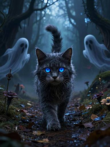 Digital artwork of a blue-eyed, gray, fluffy cat walking through a dark, misty forest with two ghostly figures in the background.