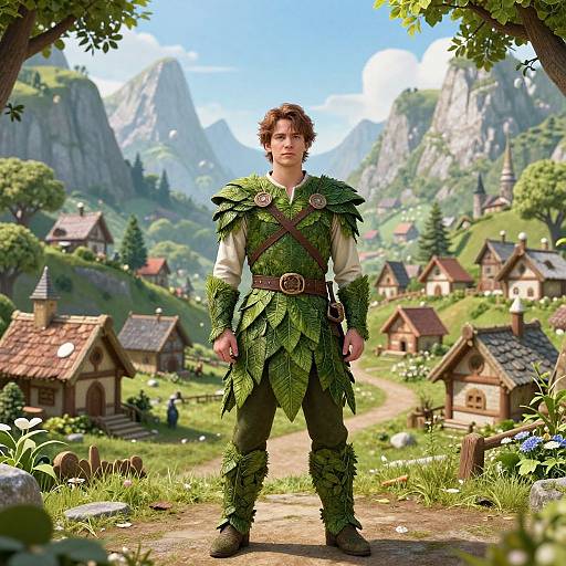 Digital artwork of a curly-haired young man in leafy green armor standing in a vibrant, mountainous village with quaint houses.