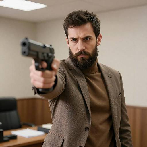 Bearded Man Aiming Handgun in Office