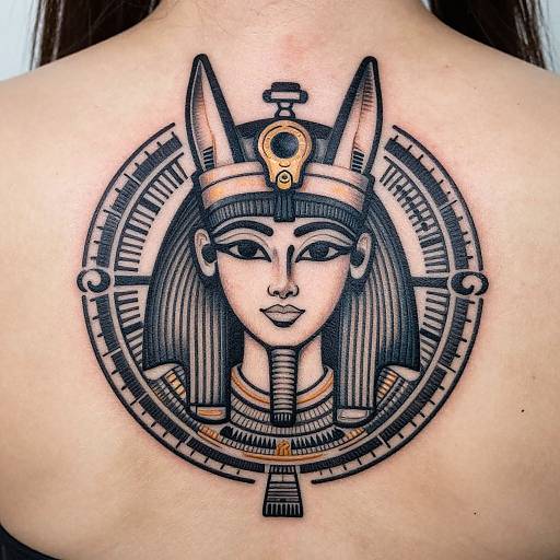 Tattoo of an Egyptian Anubis-headed woman with black hair, gold accessories, and detailed circular frame on a pale back.