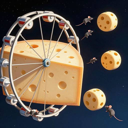 Whimsical digital artwork of a giant cheese Ferris wheel with holes, floating in space among three cheese planets and flying mice.