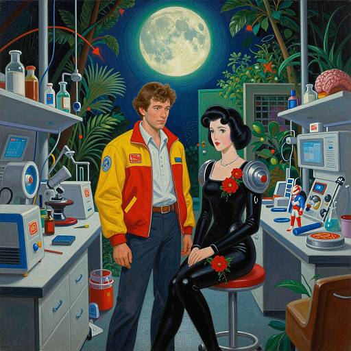 Comic-style illustration of a man in a yellow jacket and woman in black latex, seated in a lab with moonlit background.