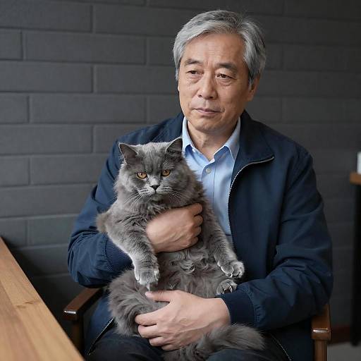 Middle-Aged Man with Gray Cat Indoors