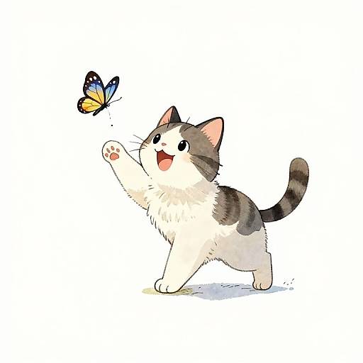 Smiling Cat Chasing Butterfly Watercolor