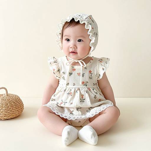 Photograph of an adorable baby with fair skin, wearing a white floral dress, lace-trimmed bonnet, and white socks, sitting on a