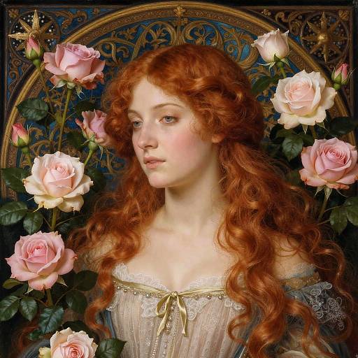 Digital painting of a fair-skinned, red-haired woman with delicate features, wearing an off-shoulder lace dress, surrounded by pink roses against an