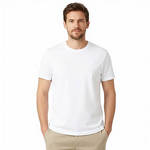 Photograph of a handsome, brown-haired man with a trimmed beard, wearing a plain white t-shirt and beige pants, standing against a white background.