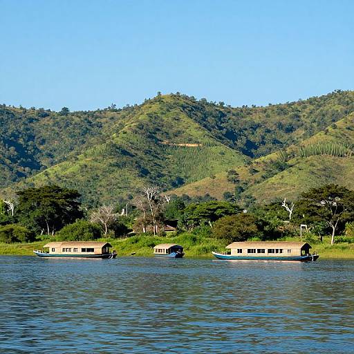 Photograph of two beige houseboats on a calm river, with lush, green, hilly forest background under a clear blue sky.