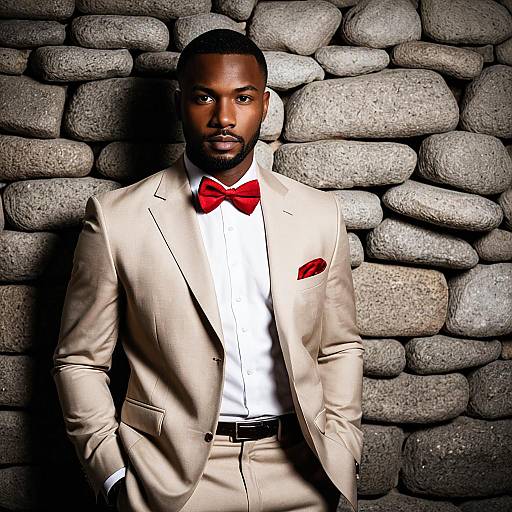 Elegant Black Man in Tan Suit with Red Bow Tie