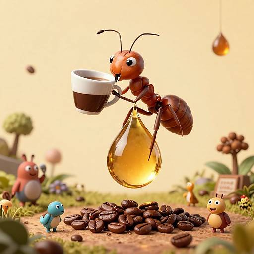 CGI image of a cute, anthropomorphic red ant holding a teacup and pouring from a honey-shaped teapot, surrounded by tiny, colorful