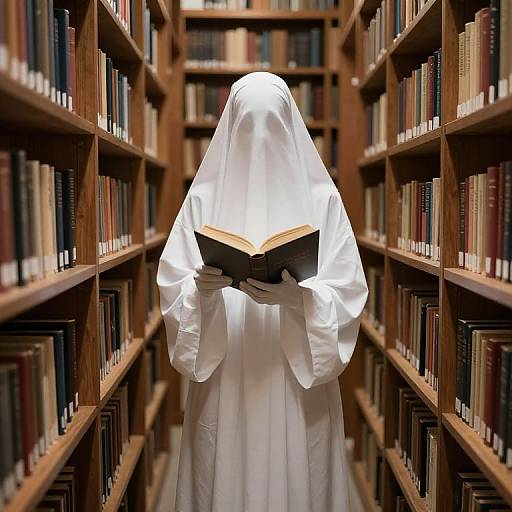 Photograph of a ghostly figure in a white sheet, holding an open book, standing in a dimly lit, narrow library aisle with wooden shelves