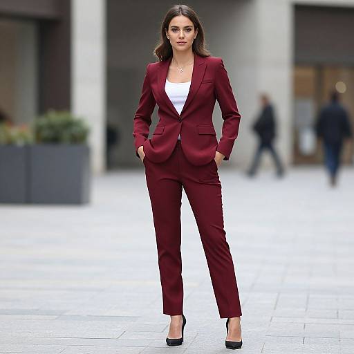 Realistic Burgundy Pantsuit Woman Outdoors