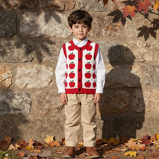 Boy in Apple Pattern Vest Outdoors