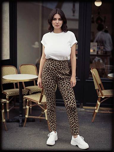 Photograph of a woman with long dark hair, wearing a white t-shirt and leopard-print pants, standing in front of a café with gold chairs and