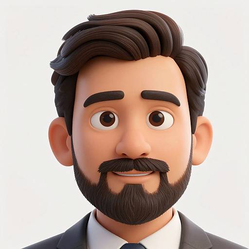 CGI cartoon-style portrait of a smiling, bearded man with dark hair, large brown eyes, and fair skin, wearing a black suit and white